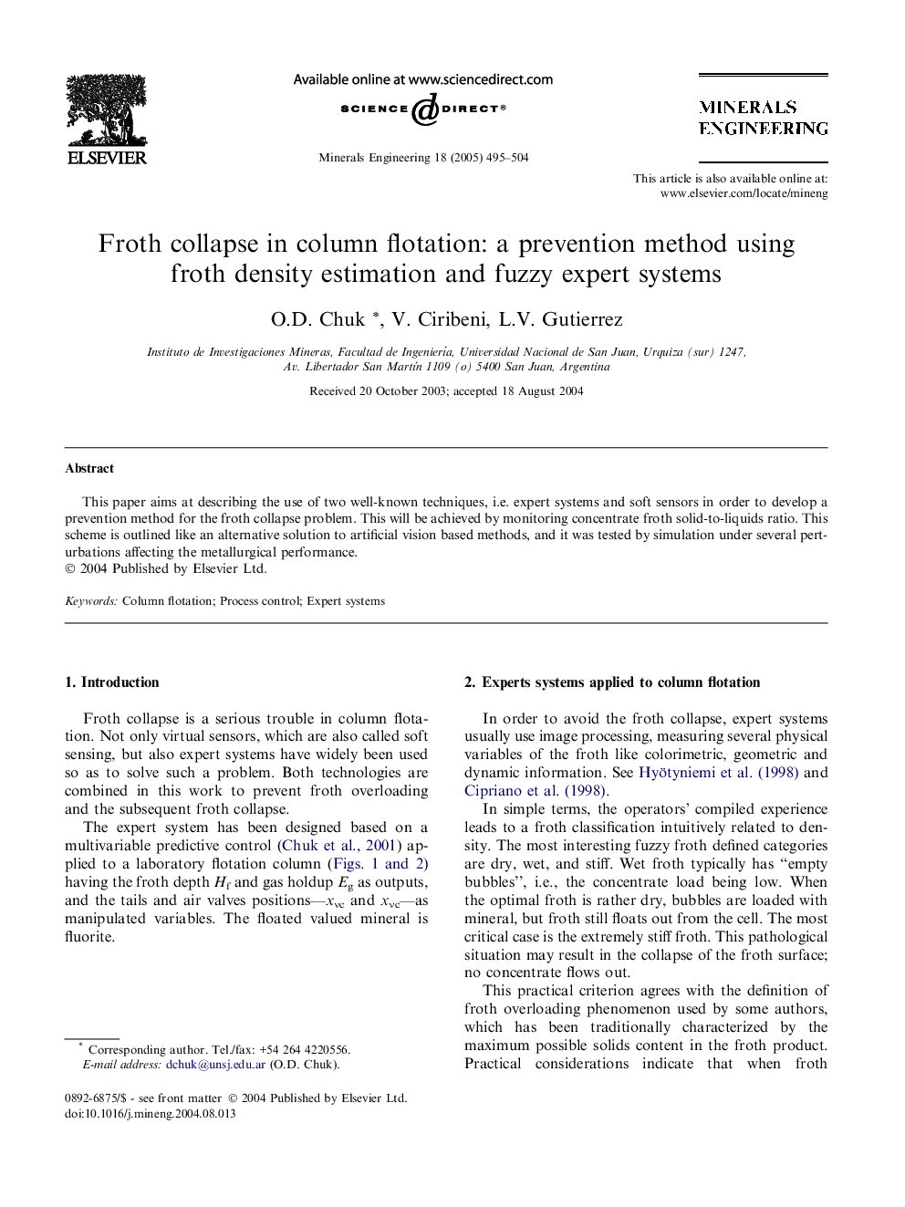 Froth collapse in column flotation: a prevention method using froth density estimation and fuzzy expert systems