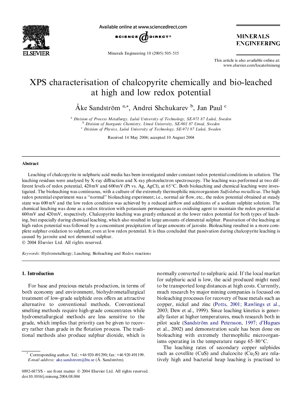 XPS characterisation of chalcopyrite chemically and bio-leached at high and low redox potential