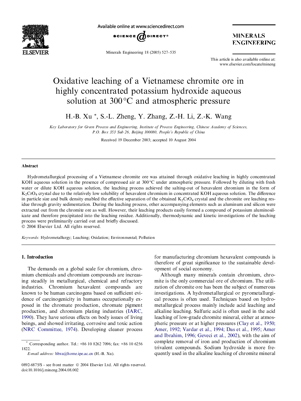 Oxidative leaching of a Vietnamese chromite ore in highly concentrated potassium hydroxide aqueous solution at 300Â Â°C and atmospheric pressure