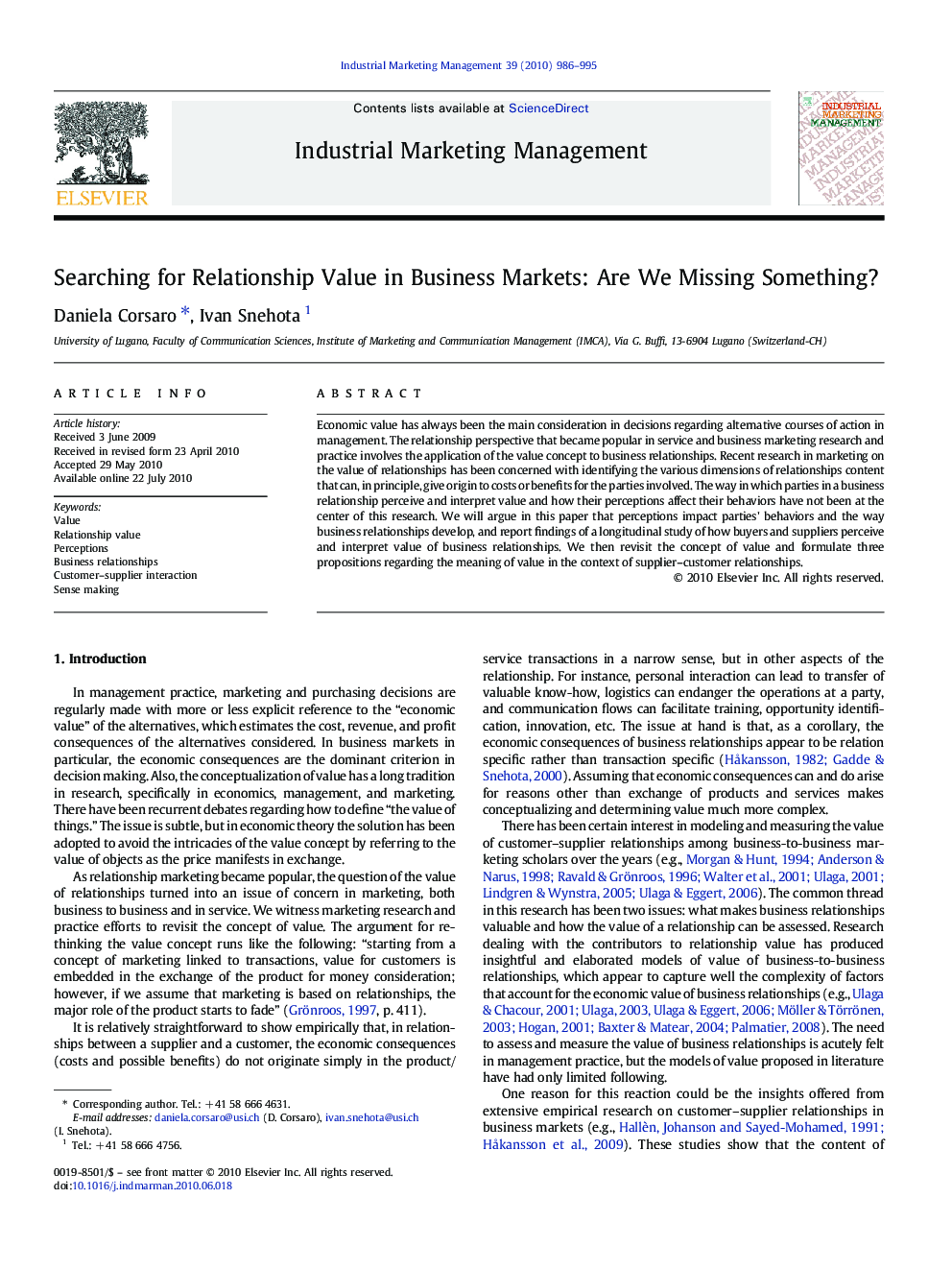 Searching for Relationship Value in Business Markets: Are We Missing Something?