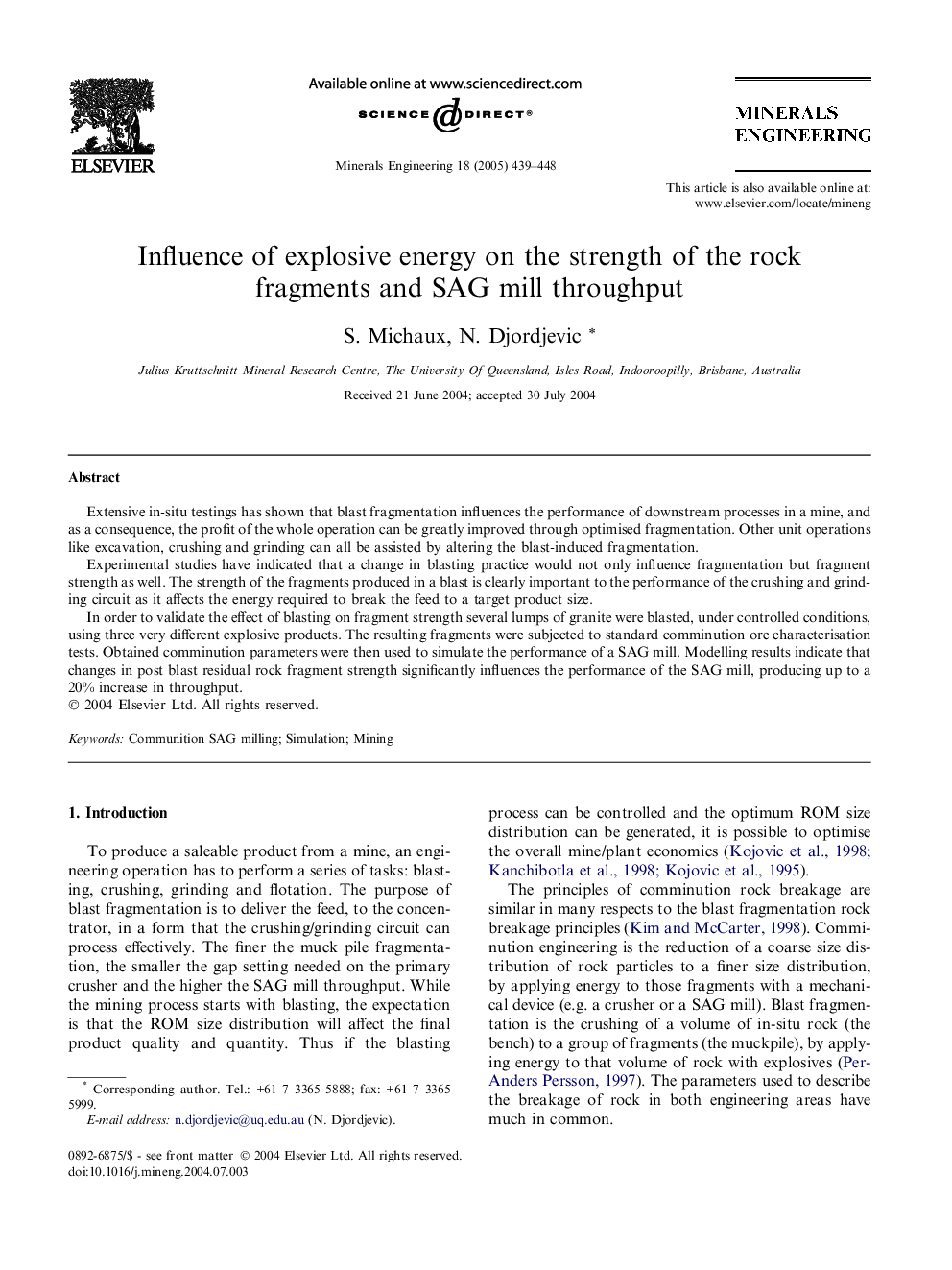 Influence of explosive energy on the strength of the rock fragments and SAG mill throughput