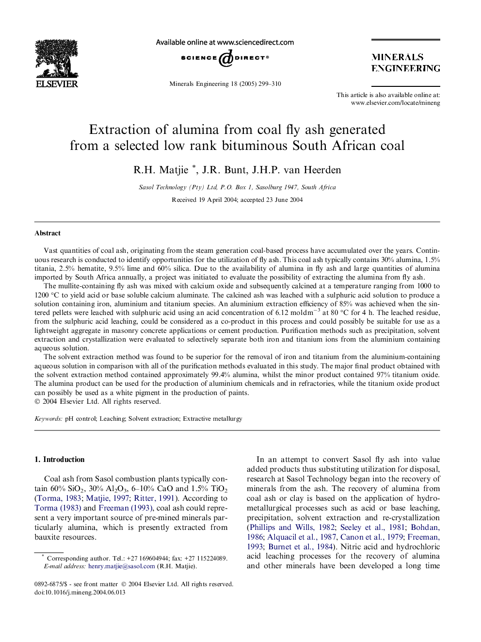 Extraction of alumina from coal fly ash generated from a selected low rank bituminous South African coal