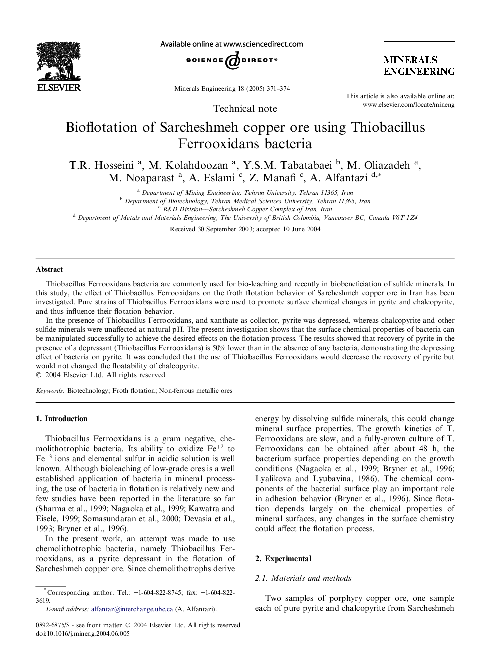 Bioflotation of Sarcheshmeh copper ore using Thiobacillus Ferrooxidans bacteria