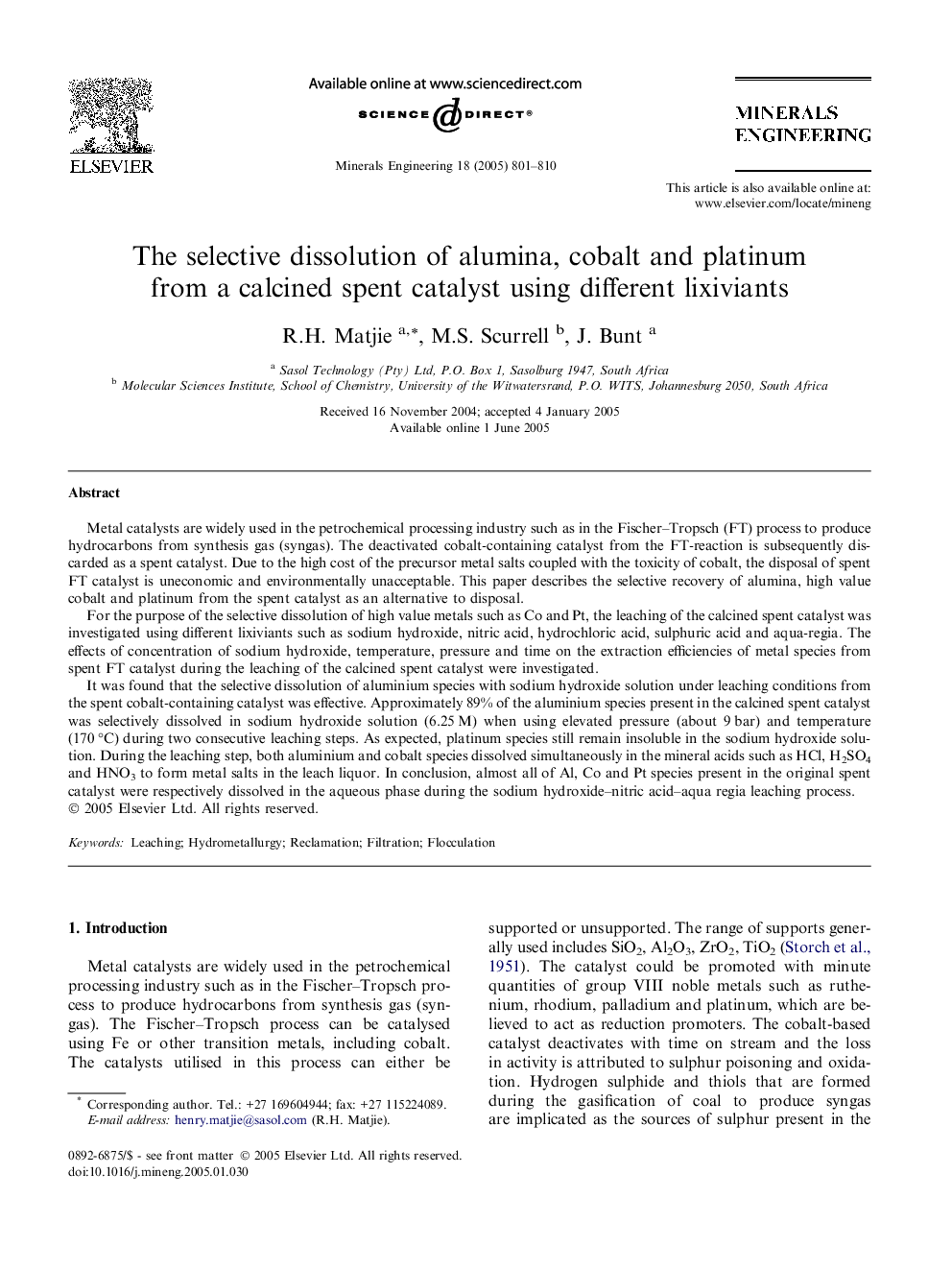 The selective dissolution of alumina, cobalt and platinum from a calcined spent catalyst using different lixiviants