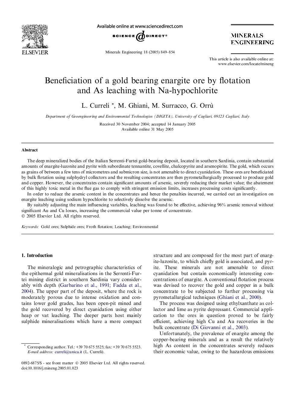 Beneficiation of a gold bearing enargite ore by flotation and As leaching with Na-hypochlorite