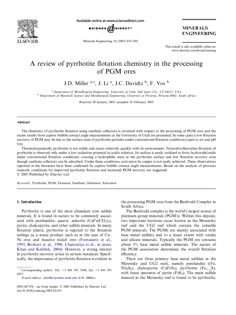 A review of pyrrhotite flotation chemistry in the processing of PGM ores