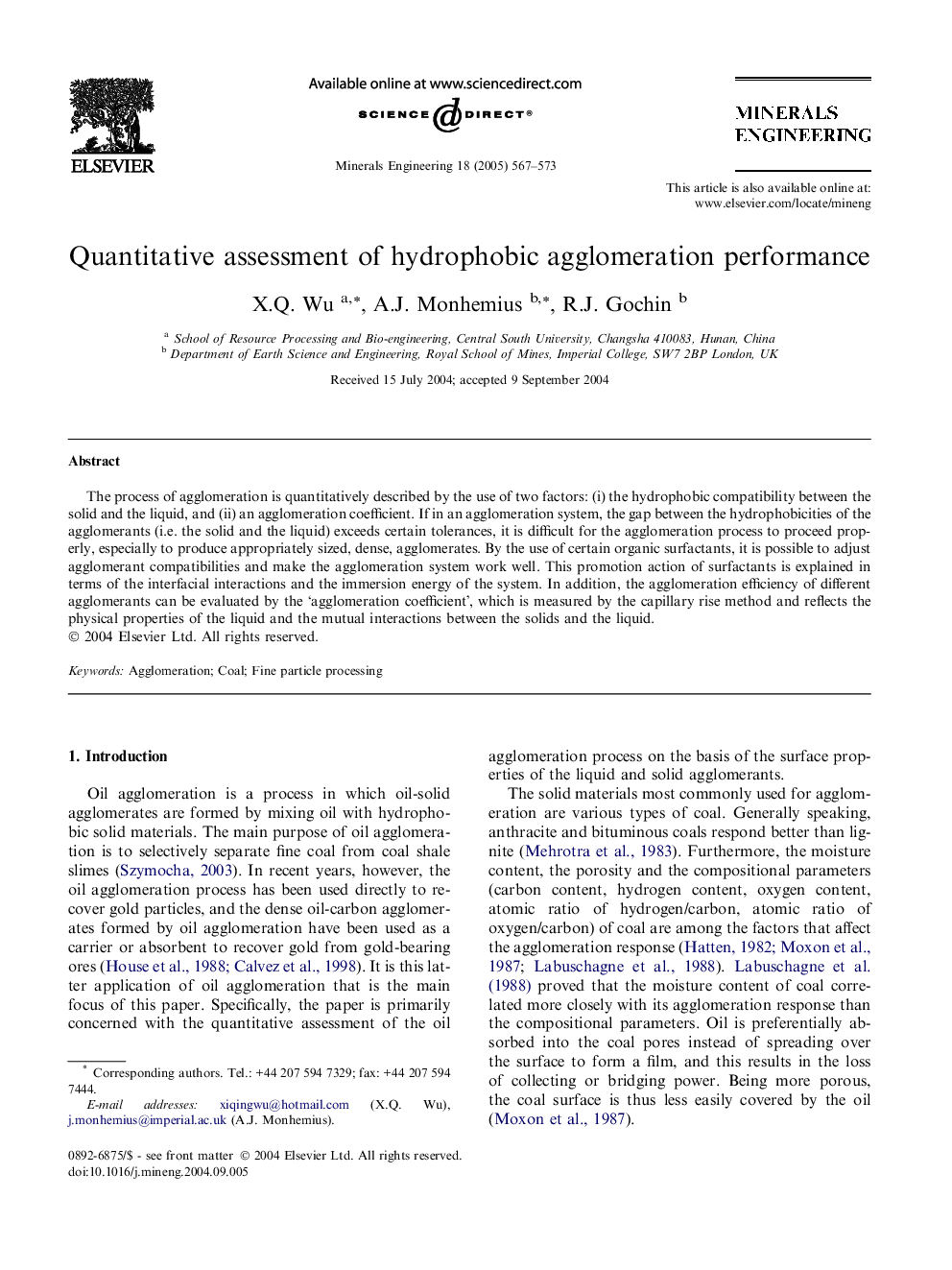 Quantitative assessment of hydrophobic agglomeration performance