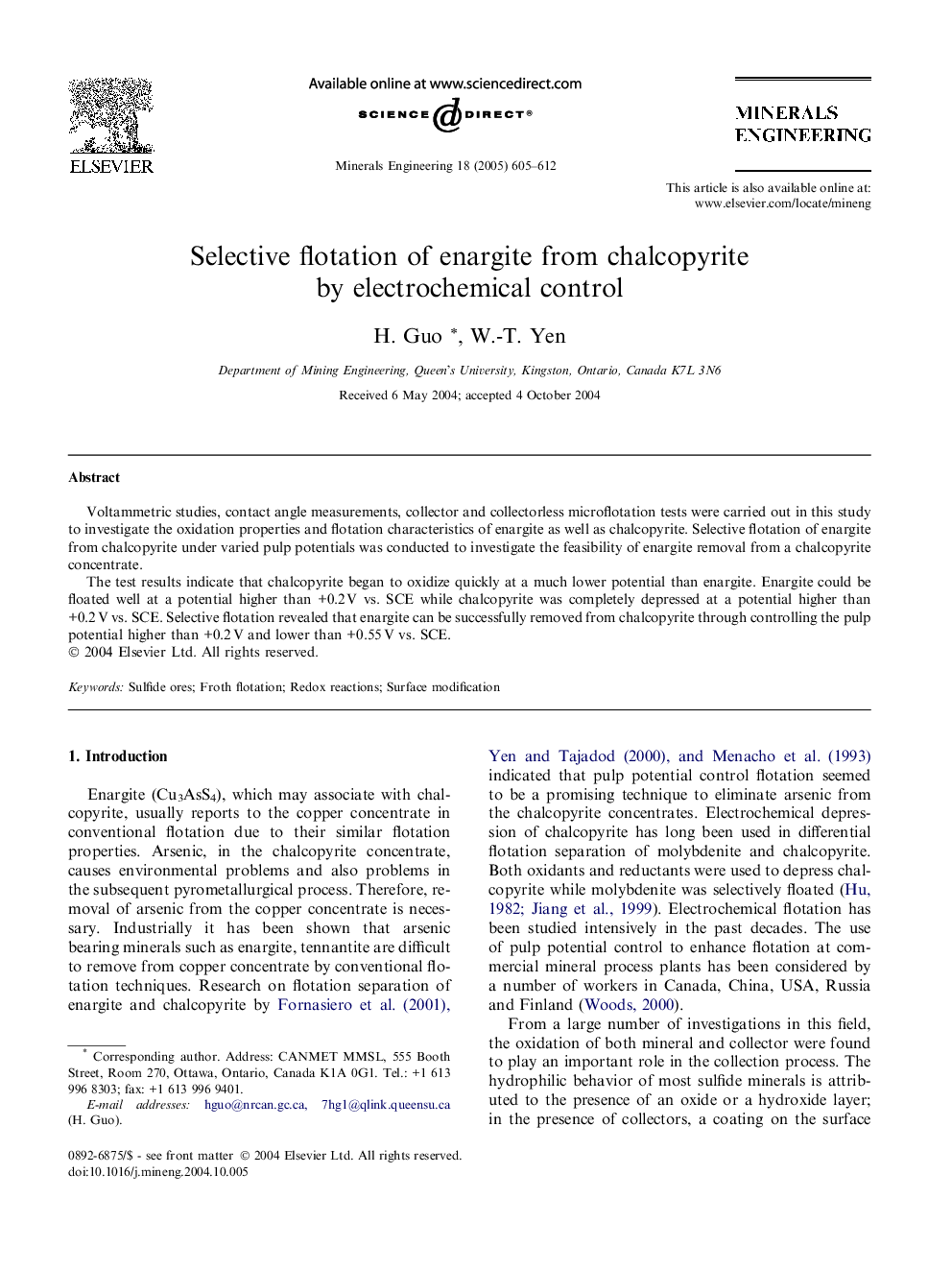 Selective flotation of enargite from chalcopyrite by electrochemical control