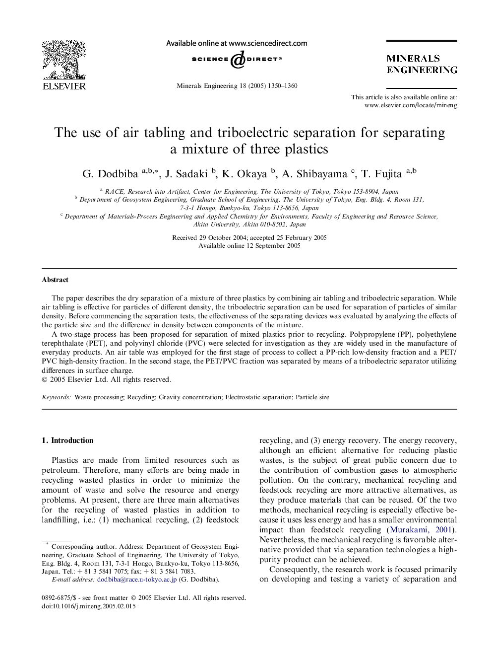 The use of air tabling and triboelectric separation for separating a mixture of three plastics