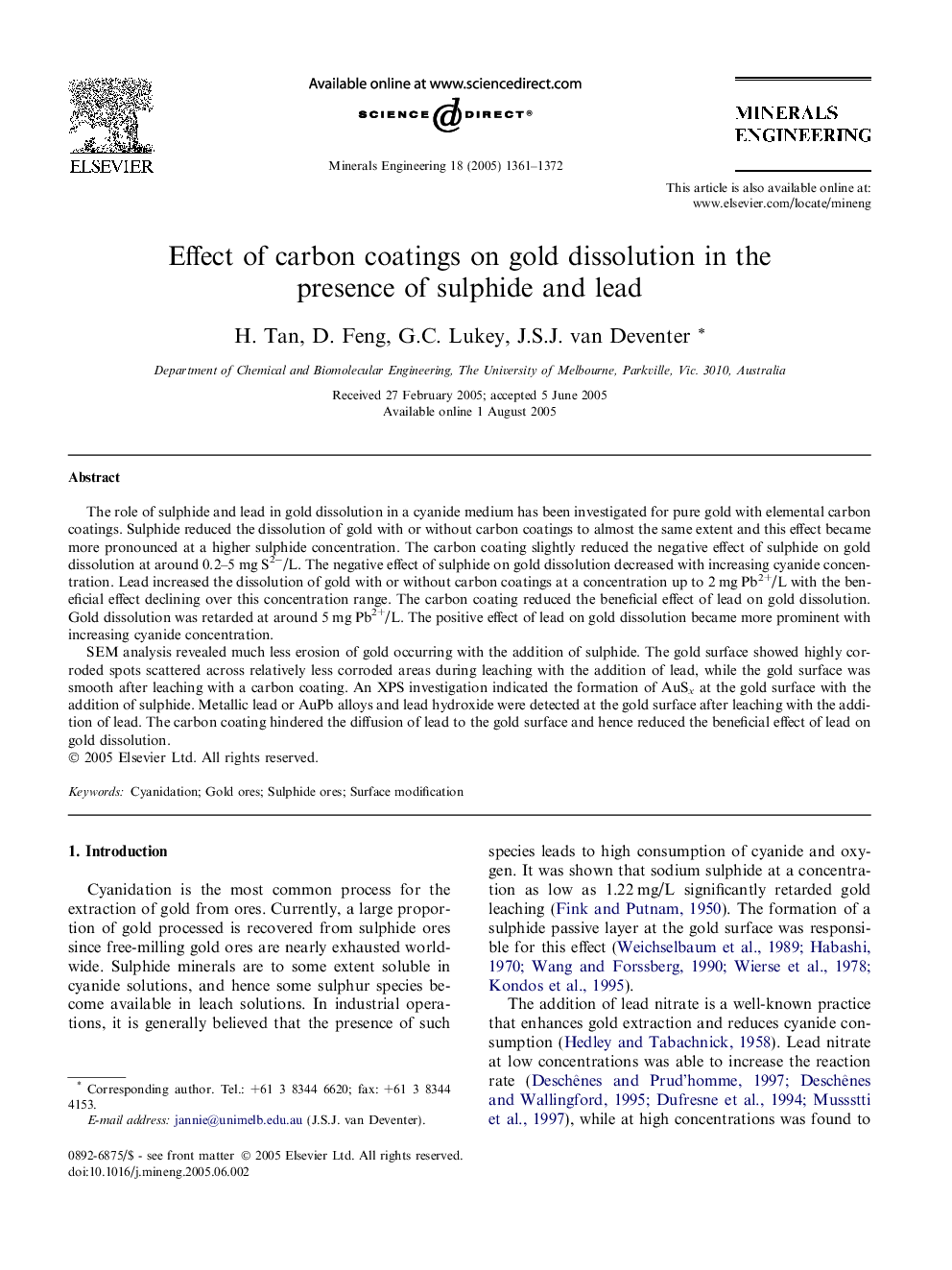 Effect of carbon coatings on gold dissolution in the presence of sulphide and lead