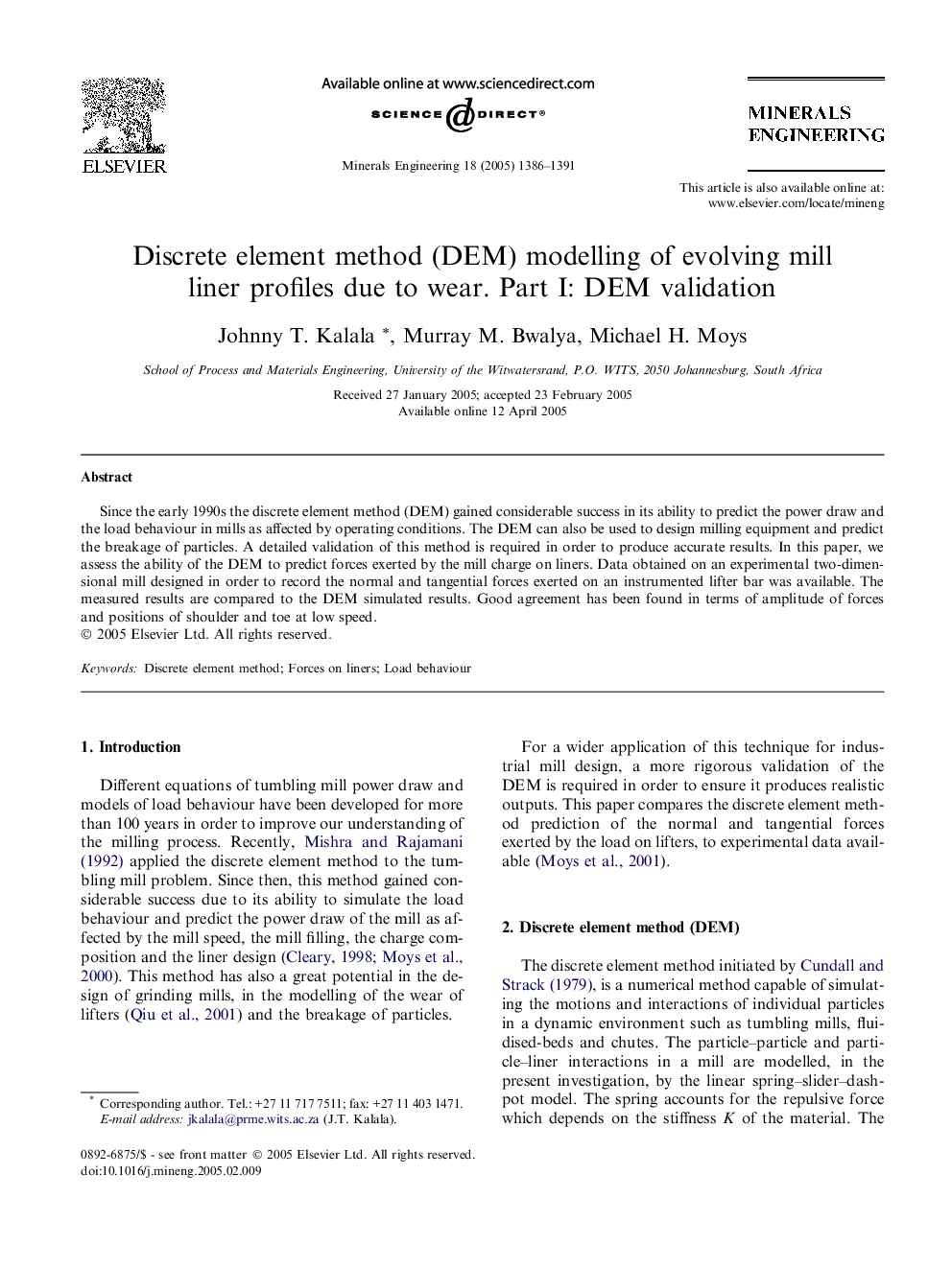 Discrete element method (DEM) modelling of evolving mill liner profiles due to wear. Part I: DEM validation