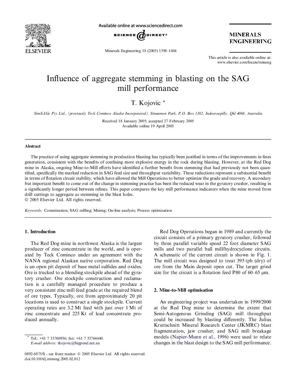 Influence of aggregate stemming in blasting on the SAG mill performance