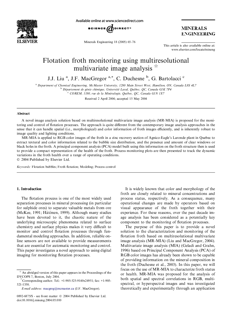 Flotation froth monitoring using multiresolutional multivariate image analysis