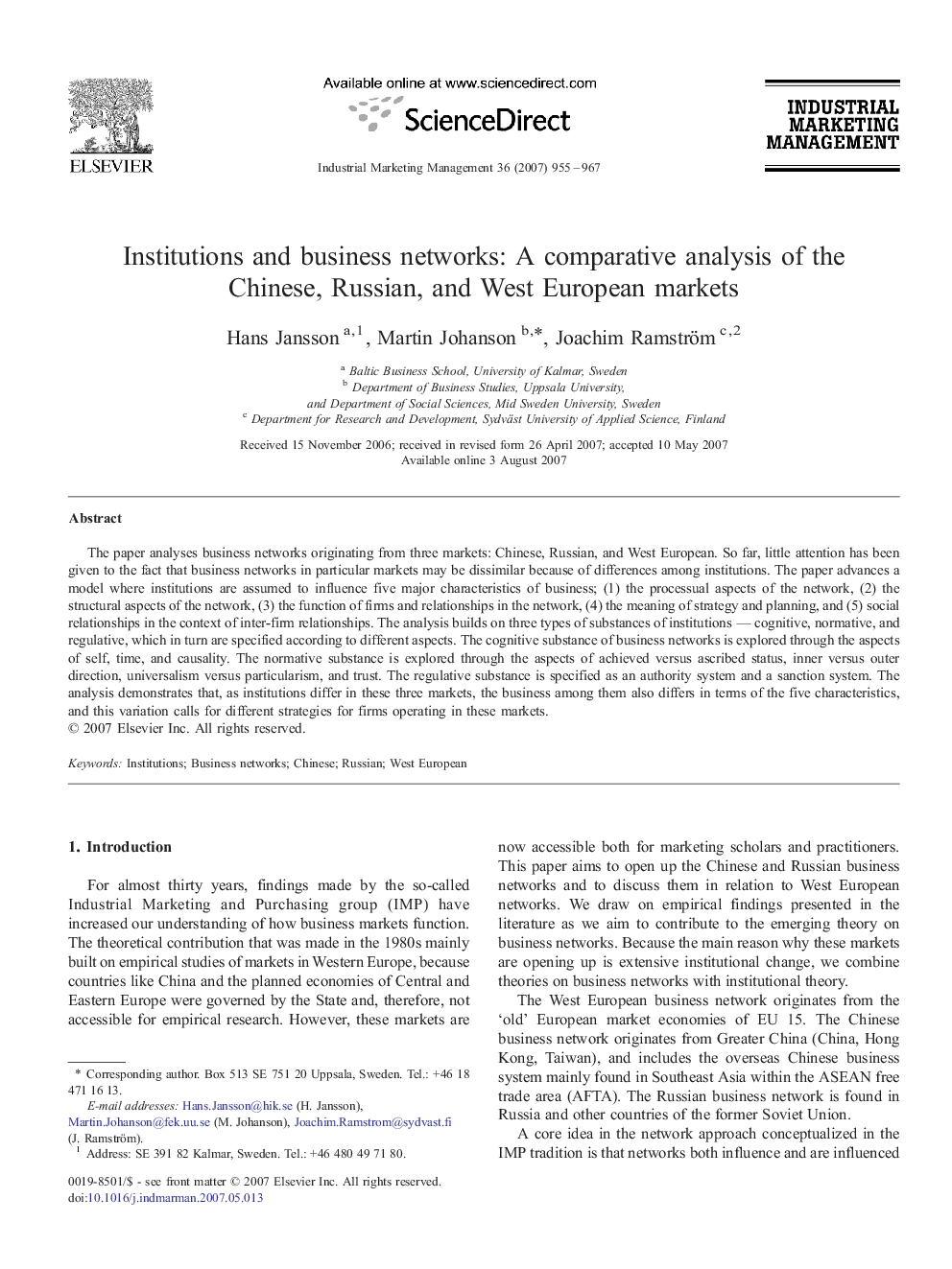 Institutions and business networks: A comparative analysis of the Chinese, Russian, and West European markets