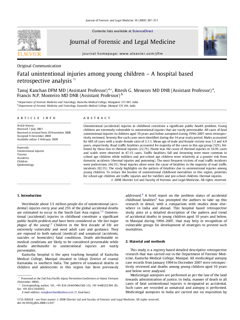 Fatal unintentional injuries among young children – A hospital based retrospective analysis 