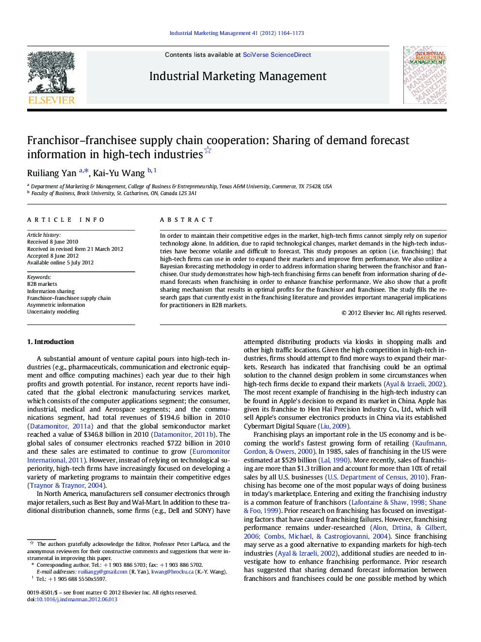 Franchisor–franchisee supply chain cooperation: Sharing of demand forecast information in high-tech industries 