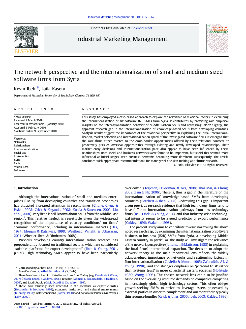 The network perspective and the internationalization of small and medium sized software firms from Syria