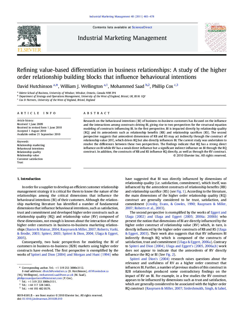 Refining value-based differentiation in business relationships: A study of the higher order relationship building blocks that influence behavioural intentions