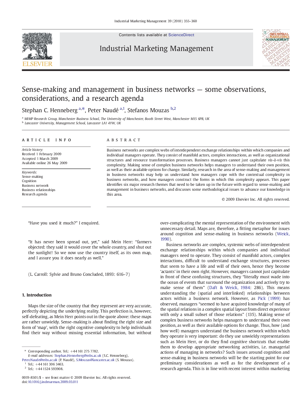 Sense-making and management in business networks — some observations, considerations, and a research agenda