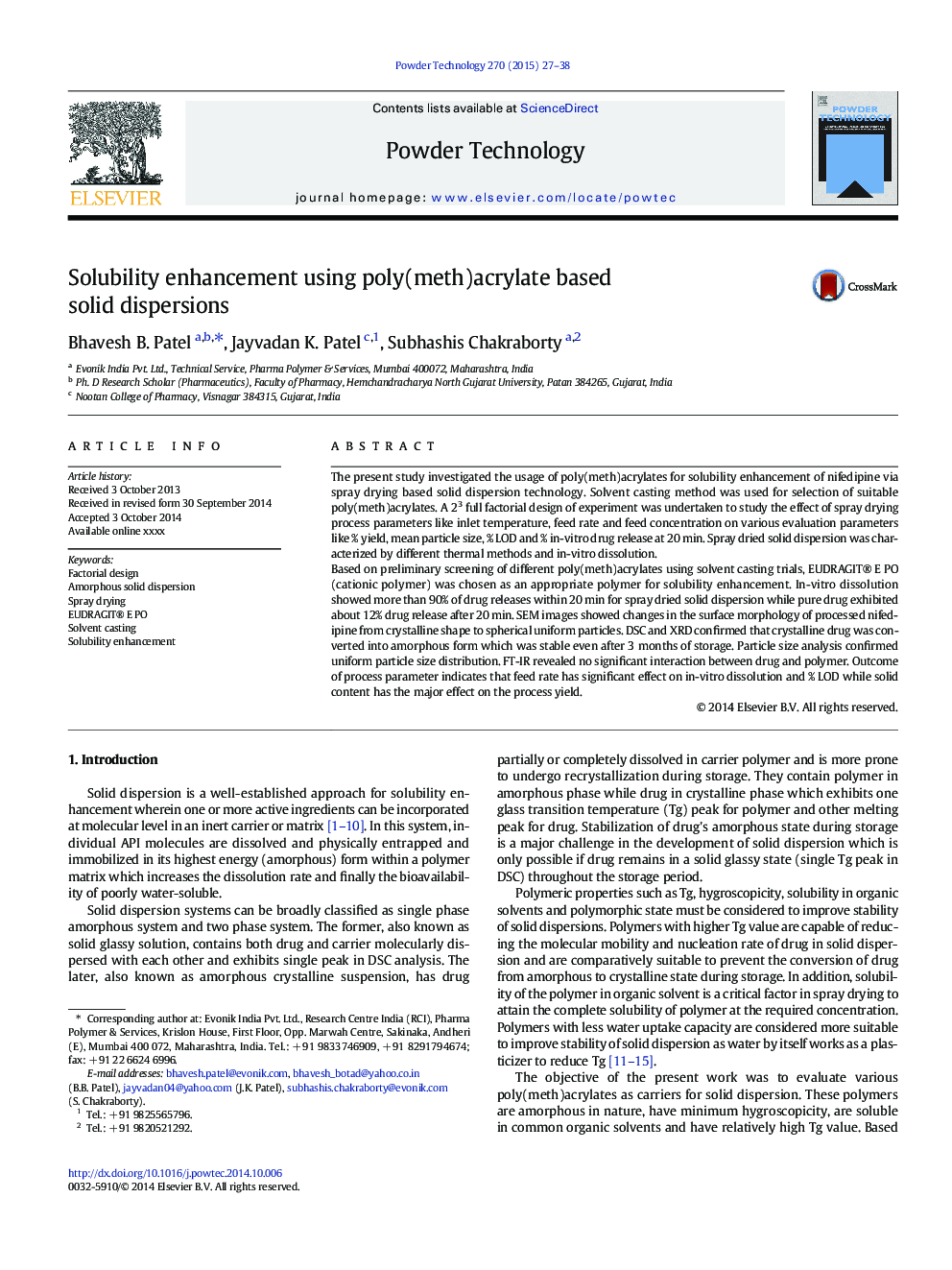 Solubility enhancement using poly(meth)acrylate based solid dispersions