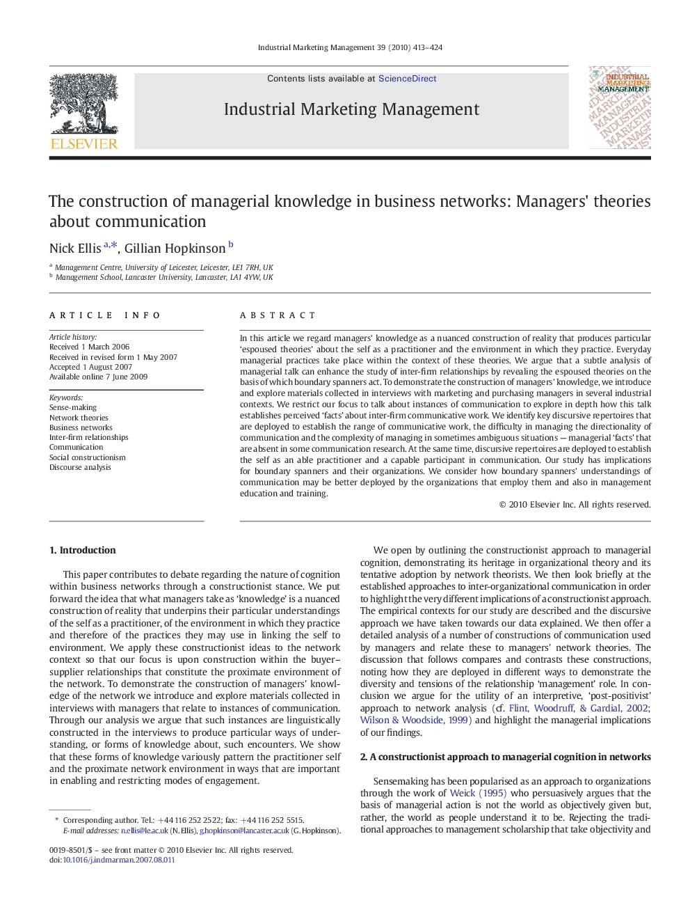 The construction of managerial knowledge in business networks: Managers' theories about communication