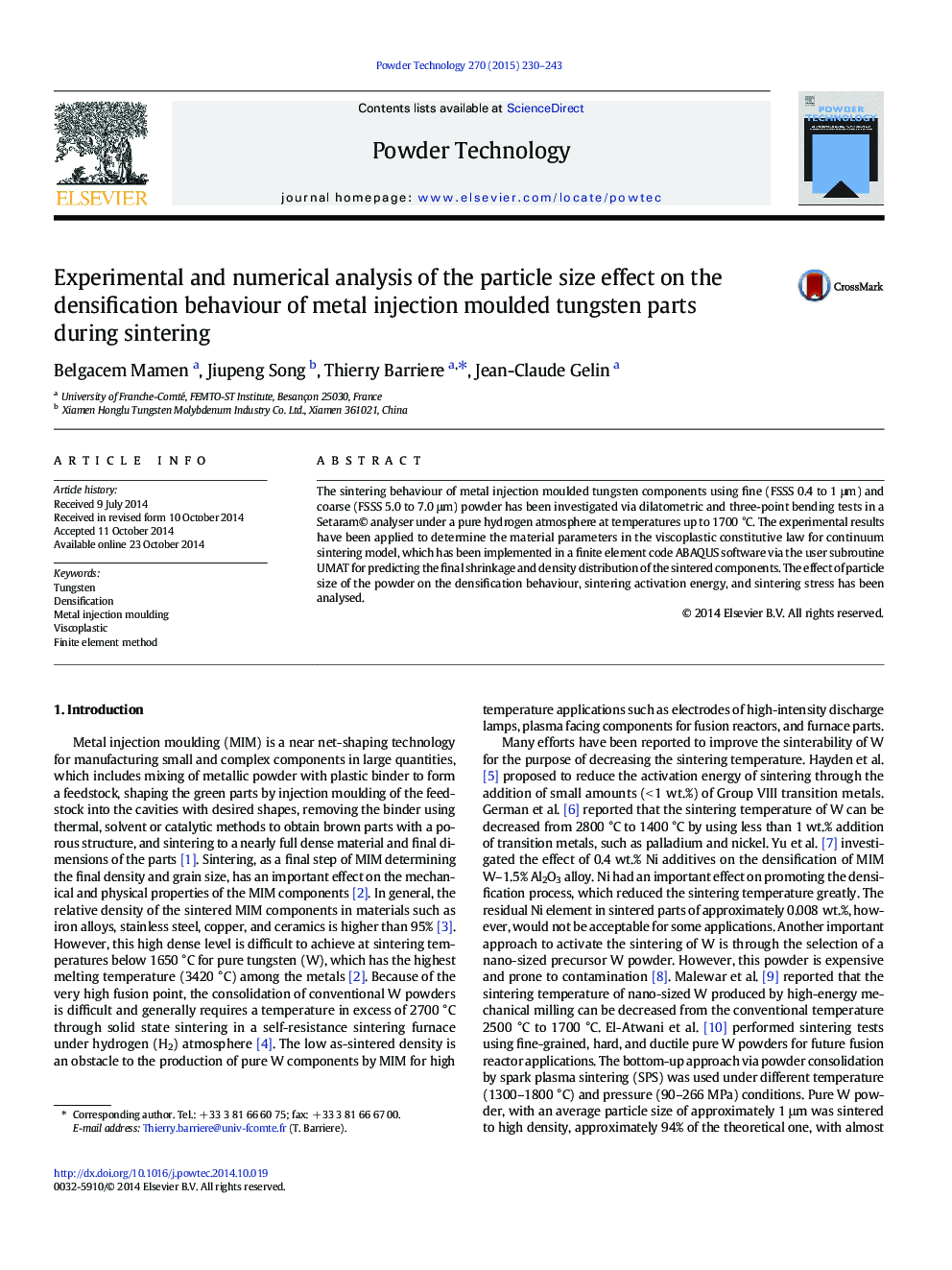 Experimental and numerical analysis of the particle size effect on the densification behaviour of metal injection moulded tungsten parts during sintering