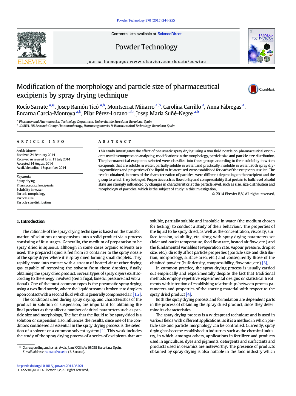 Modification of the morphology and particle size of pharmaceutical excipients by spray drying technique