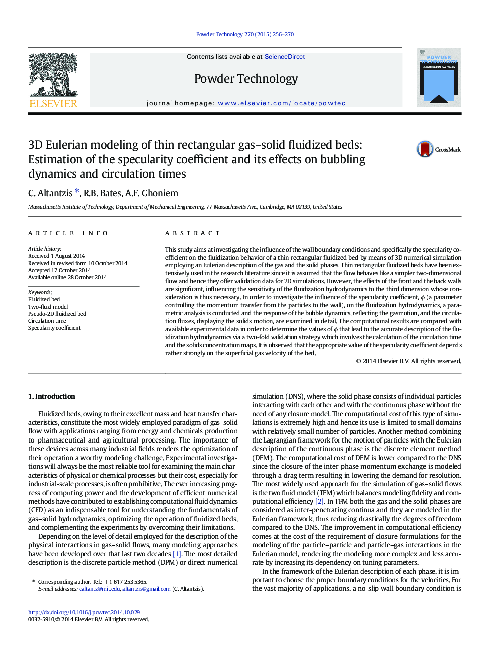 3D Eulerian modeling of thin rectangular gas-solid fluidized beds: Estimation of the specularity coefficient and its effects on bubbling dynamics and circulation times