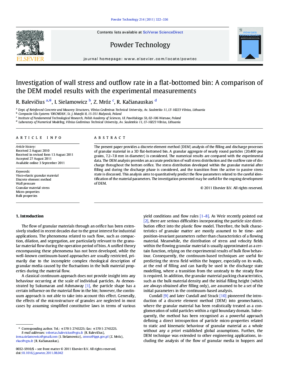 Investigation of wall stress and outflow rate in a flat-bottomed bin: A comparison of the DEM model results with the experimental measurements