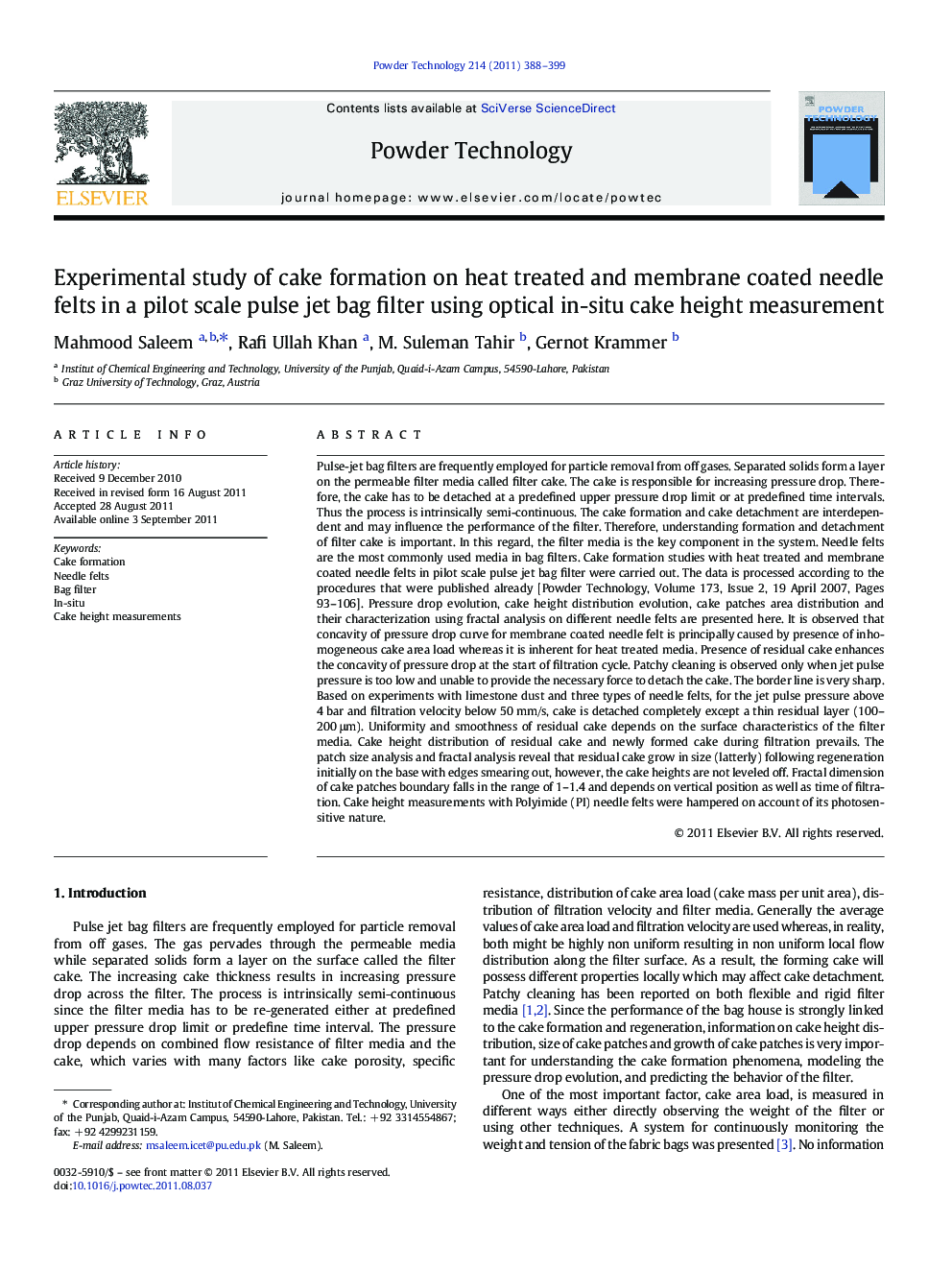 Experimental study of cake formation on heat treated and membrane coated needle felts in a pilot scale pulse jet bag filter using optical in-situ cake height measurement