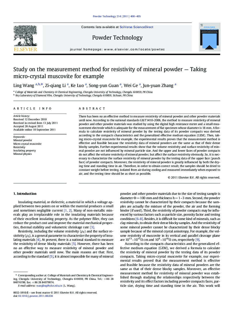 Study on the measurement method for resistivity of mineral powder - Taking micro-crystal muscovite for example