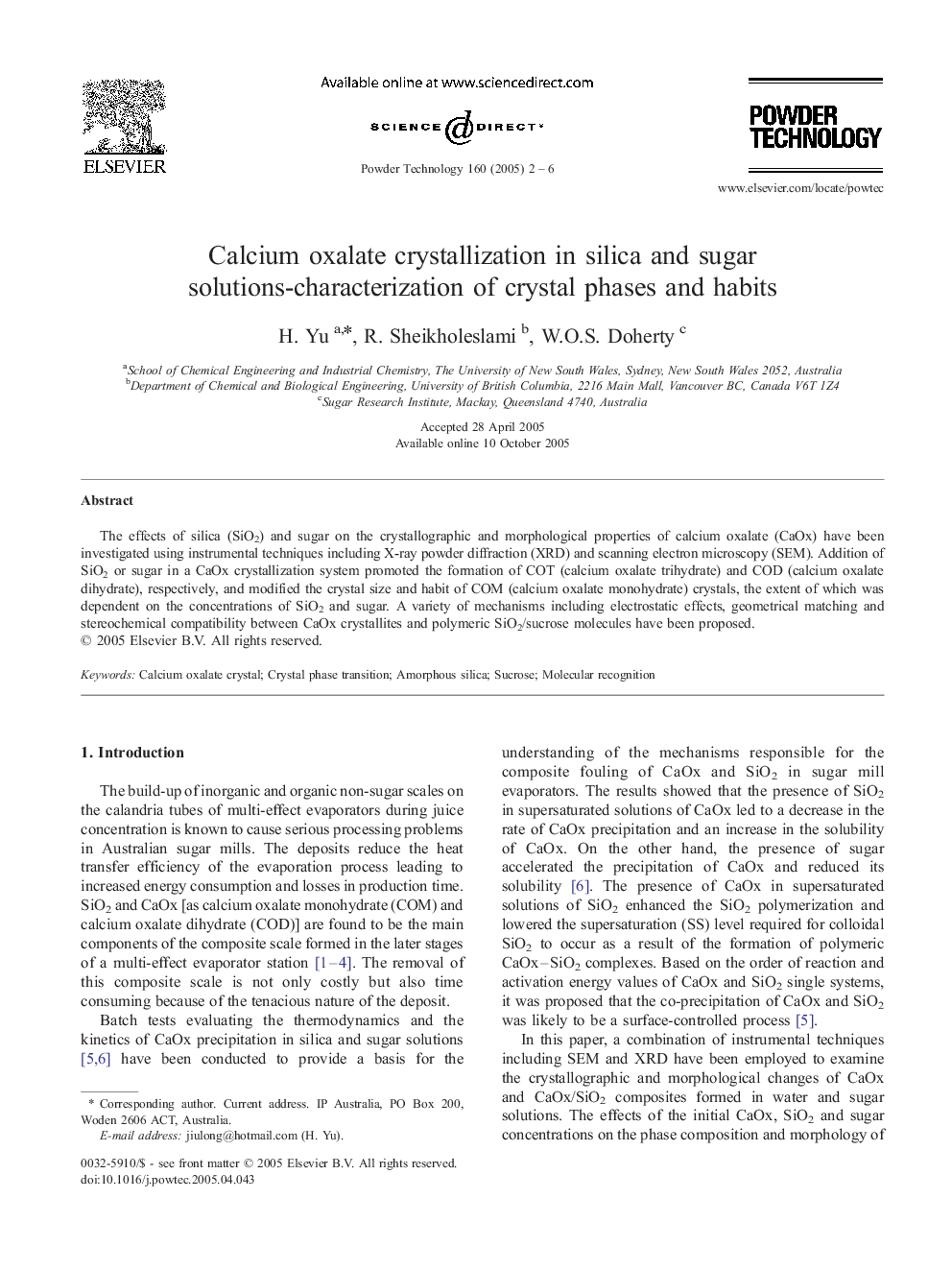 Calcium oxalate crystallization in silica and sugar solutions-characterization of crystal phases and habits