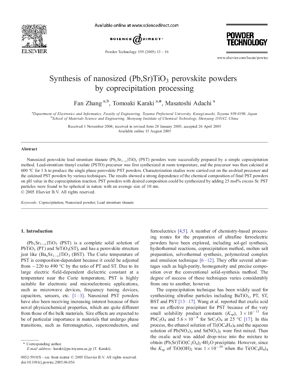 Synthesis of nanosized (Pb,Sr)TiO3 perovskite powders by coprecipitation processing