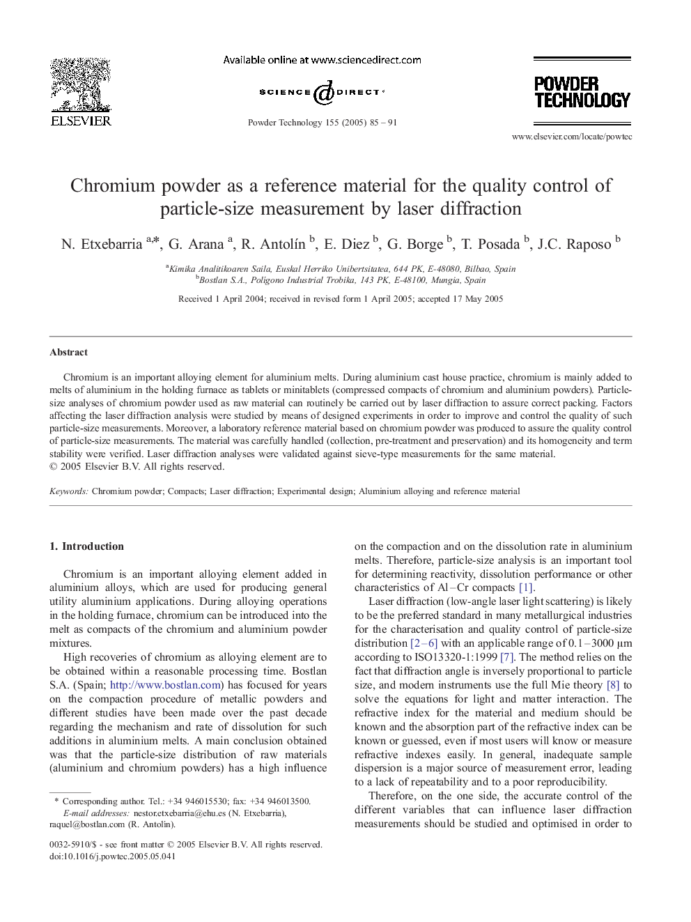 Chromium powder as a reference material for the quality control of particle-size measurement by laser diffraction