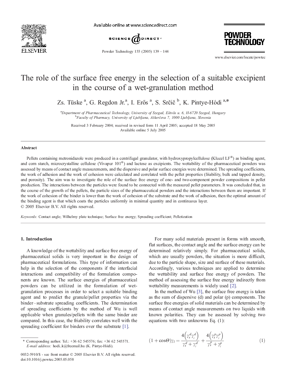 The role of the surface free energy in the selection of a suitable excipient in the course of a wet-granulation method