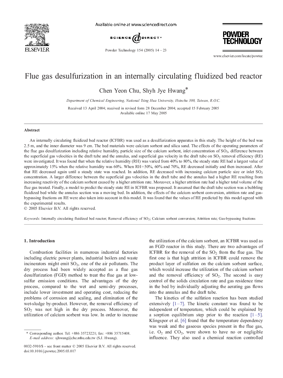 Flue gas desulfurization in an internally circulating fluidized bed reactor