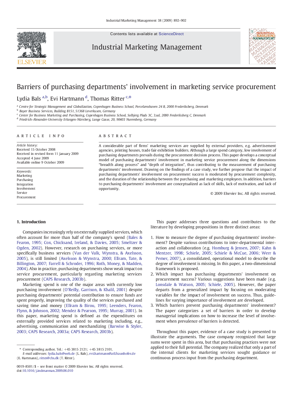 Barriers of purchasing departments' involvement in marketing service procurement