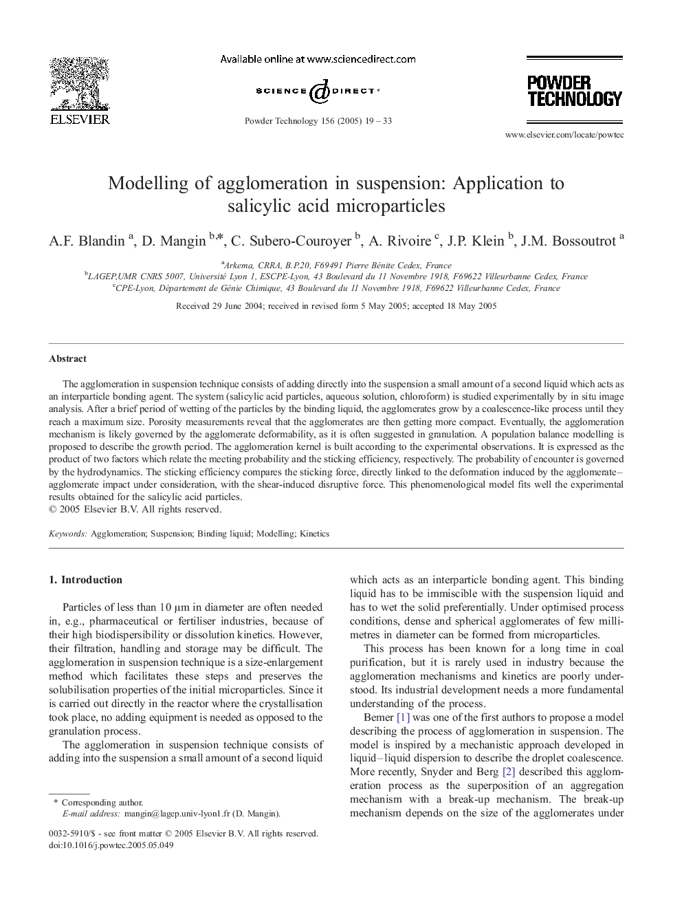 Modelling of agglomeration in suspension: Application to salicylic acid microparticles