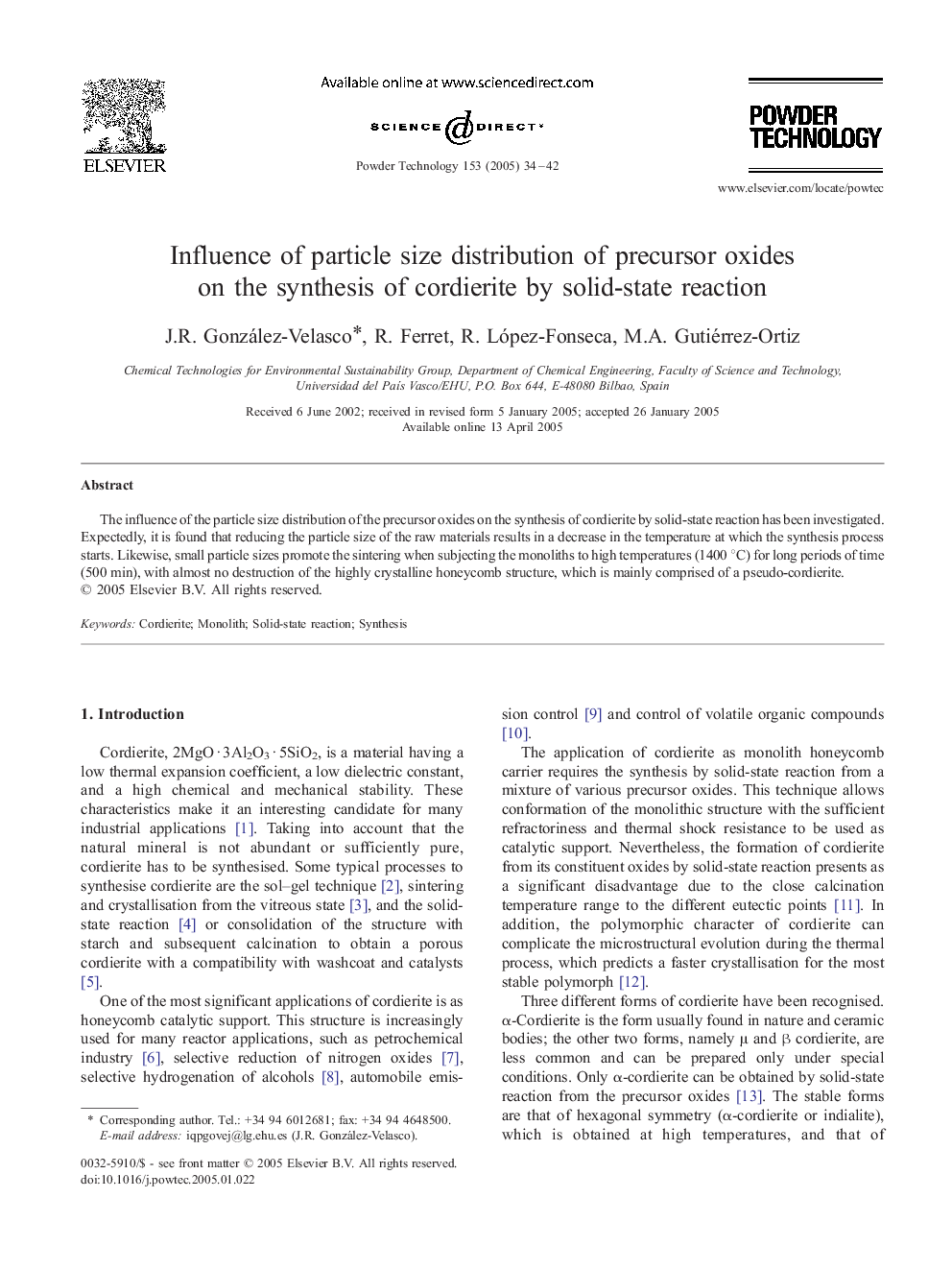 Influence of particle size distribution of precursor oxides on the synthesis of cordierite by solid-state reaction