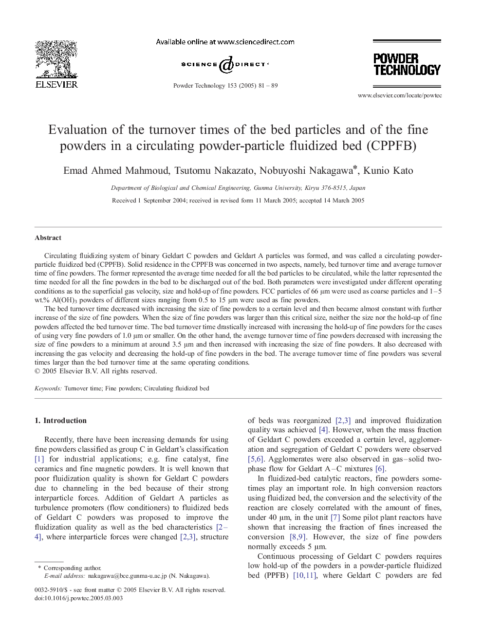 Evaluation of the turnover times of the bed particles and of the fine powders in a circulating powder-particle fluidized bed (CPPFB)