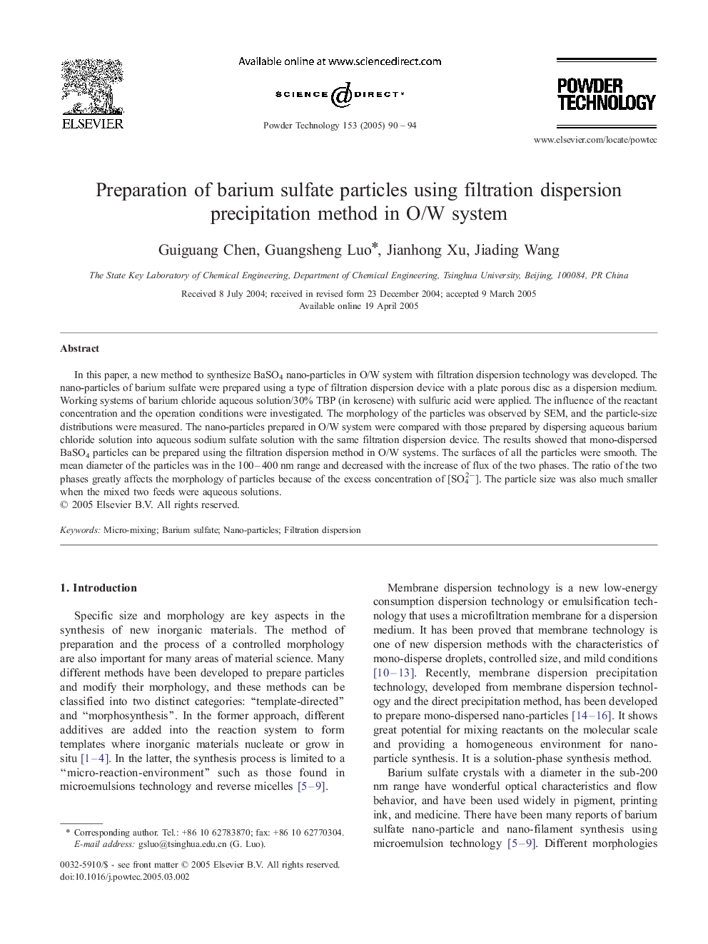 Preparation of barium sulfate particles using filtration dispersion precipitation method in O/W system