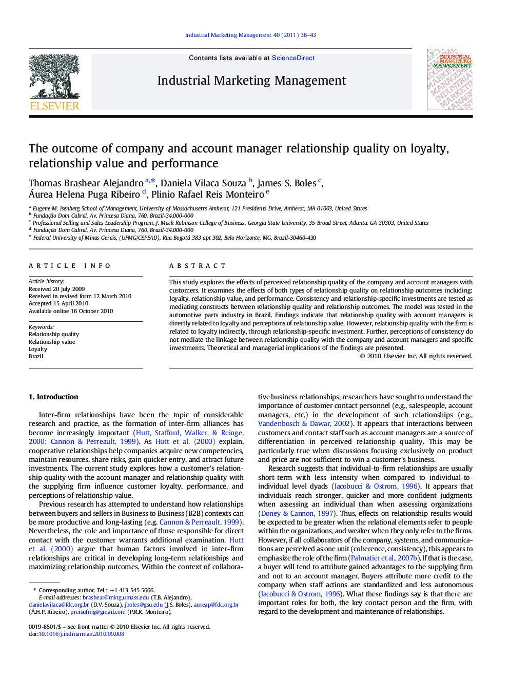 The outcome of company and account manager relationship quality on loyalty, relationship value and performance