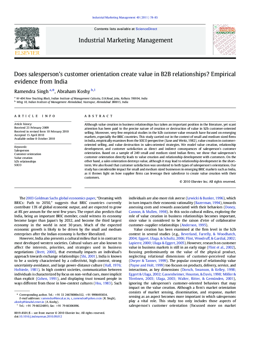 Does salesperson's customer orientation create value in B2B relationships? Empirical evidence from India