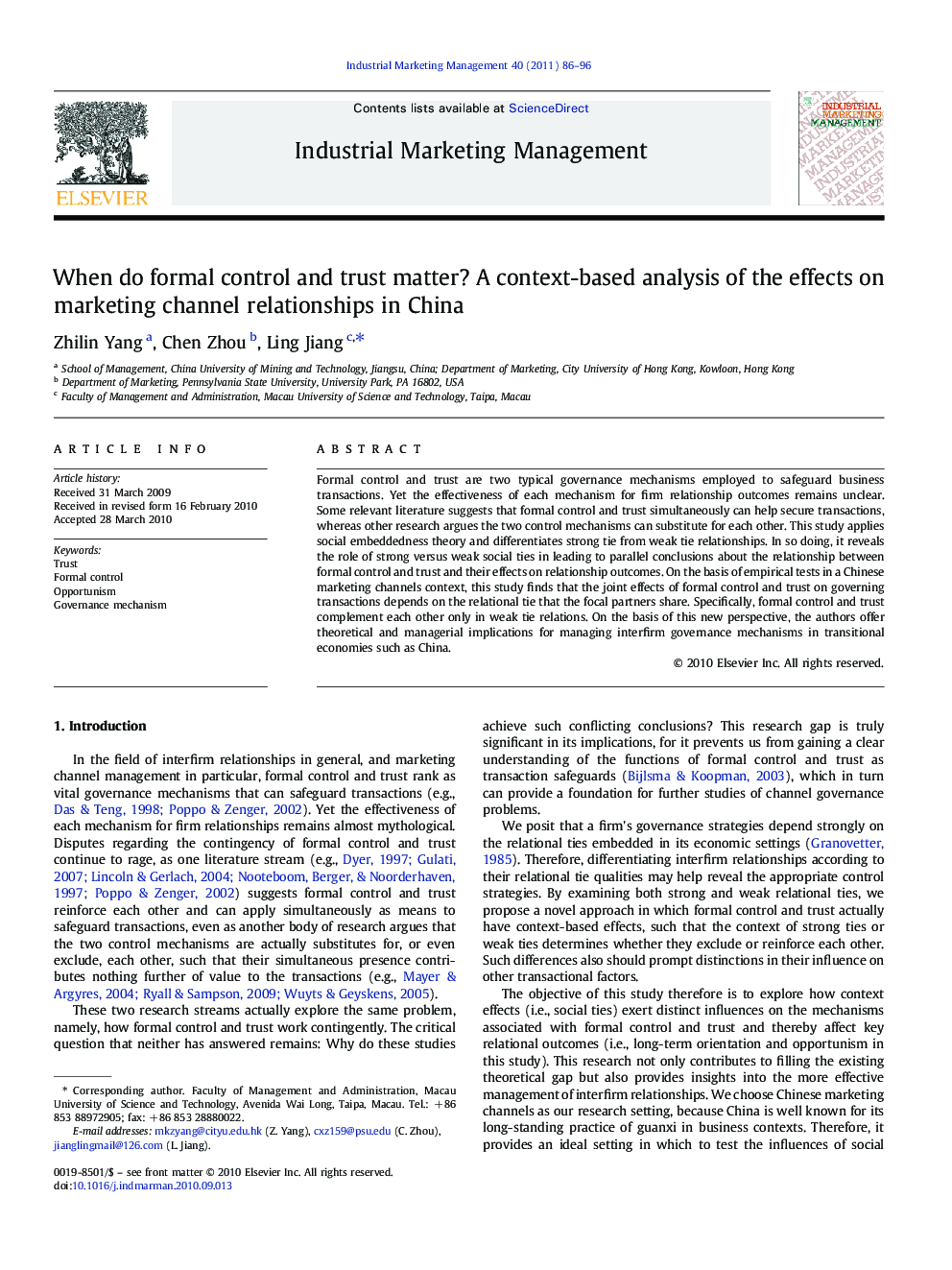 When do formal control and trust matter? A context-based analysis of the effects on marketing channel relationships in China