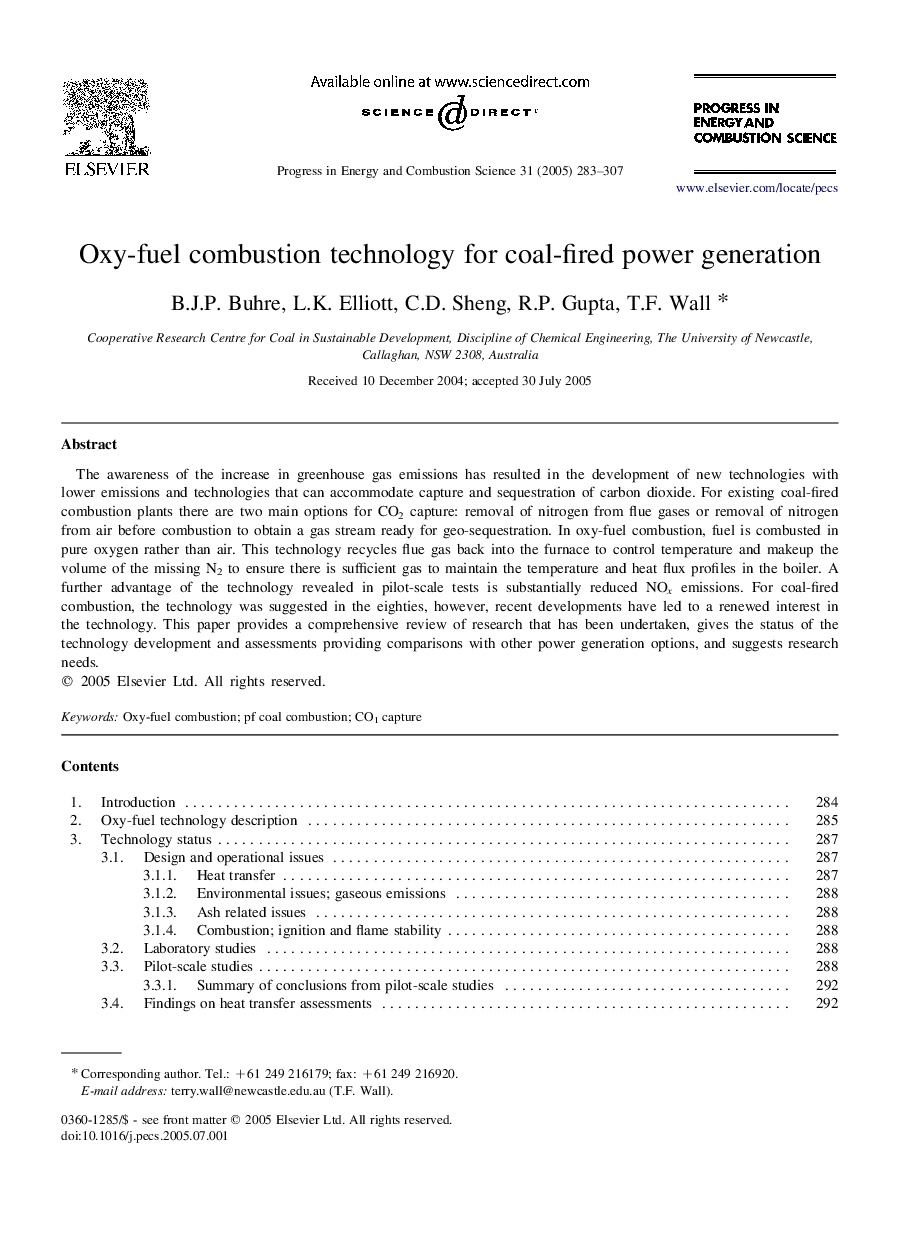 Oxy-fuel combustion technology for coal-fired power generation