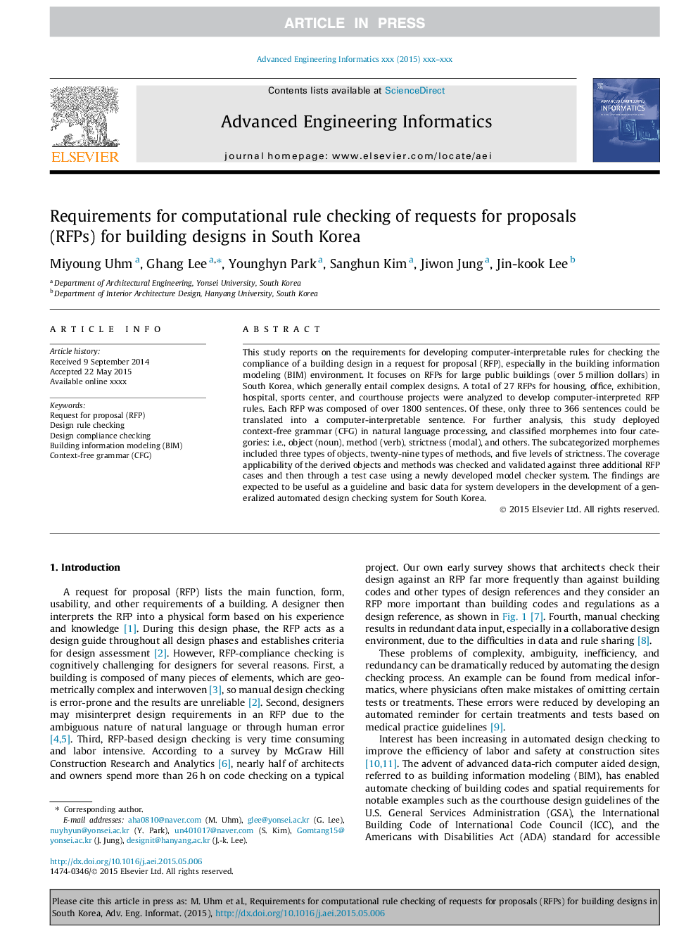 Requirements for computational rule checking of requests for proposals (RFPs) for building designs in South Korea