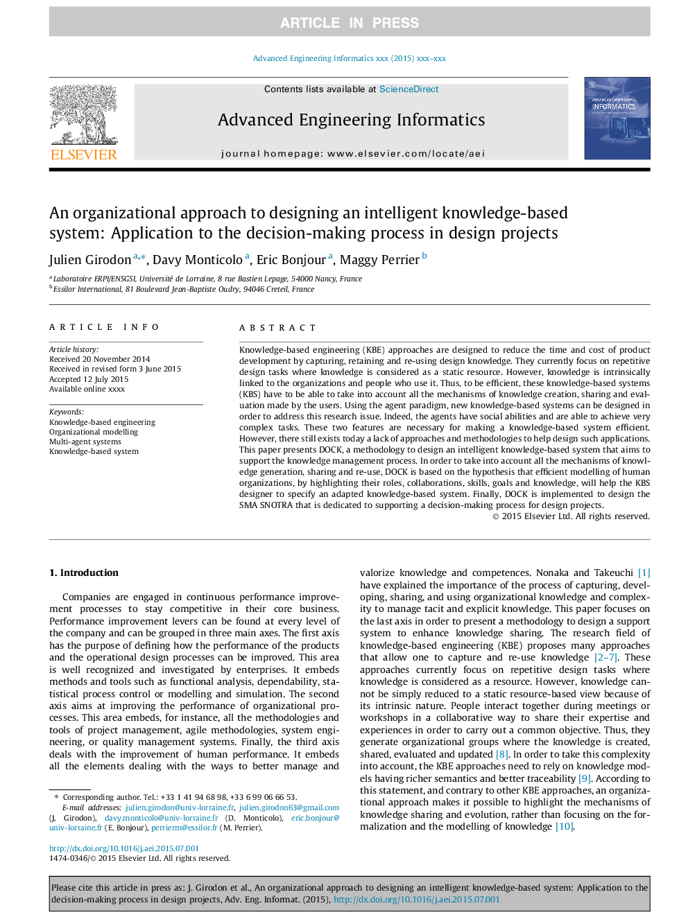 An organizational approach to designing an intelligent knowledge-based system: Application to the decision-making process in design projects