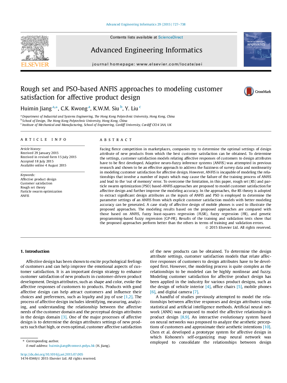 Rough set and PSO-based ANFIS approaches to modeling customer satisfaction for affective product design