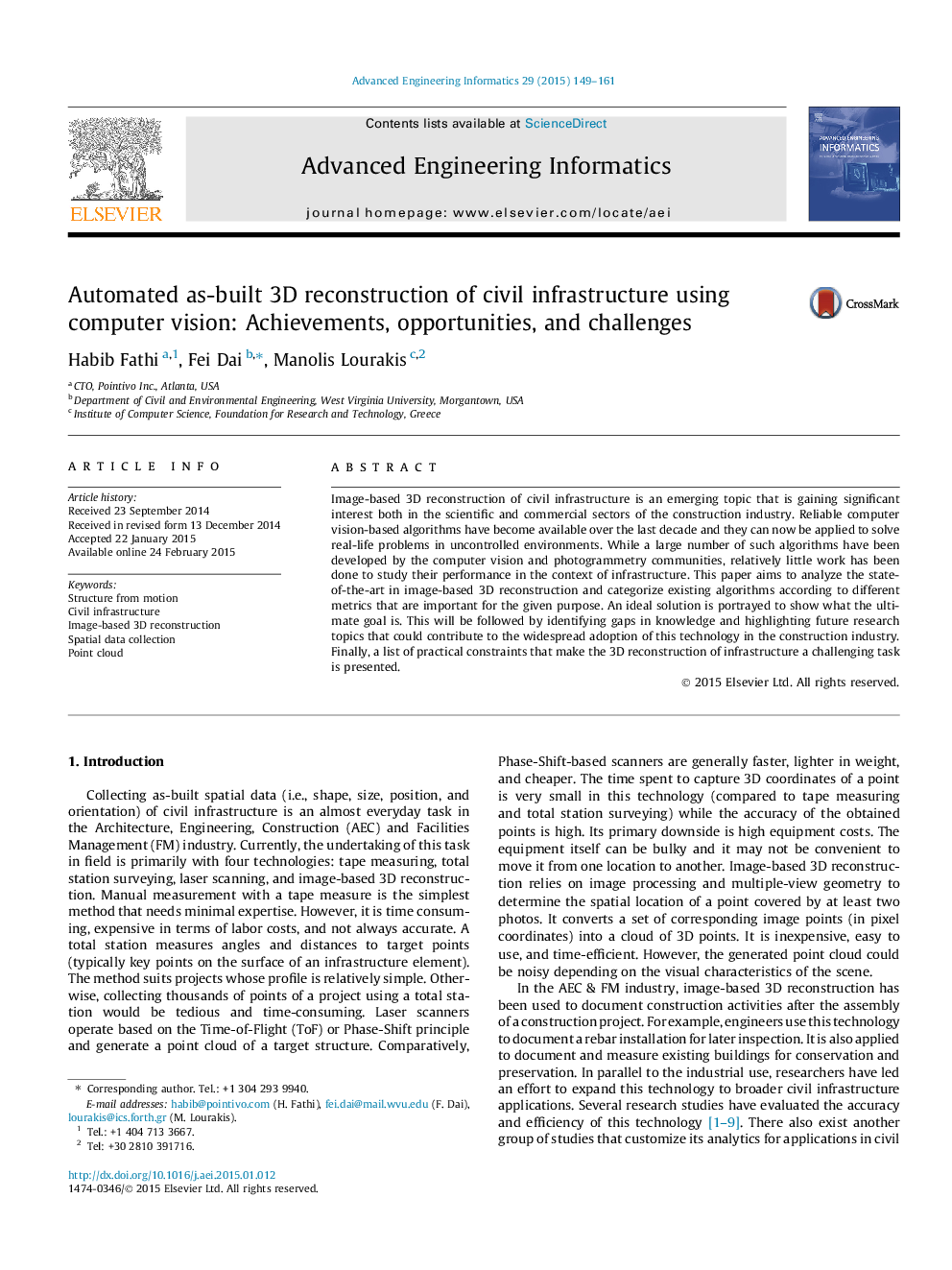 Automated as-built 3D reconstruction of civil infrastructure using computer vision: Achievements, opportunities, and challenges