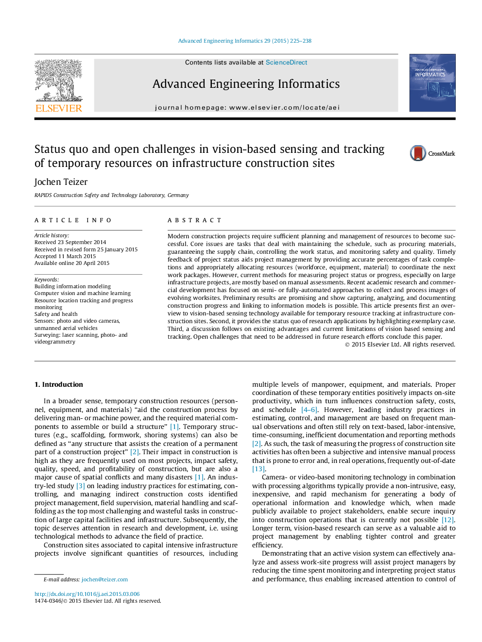 Status quo and open challenges in vision-based sensing and tracking of temporary resources on infrastructure construction sites